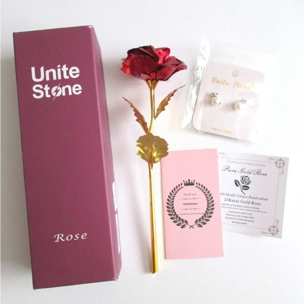 Unitestone Handcrafted 24K Dipped Rose Collectible Bonus Fashion Earrings Box